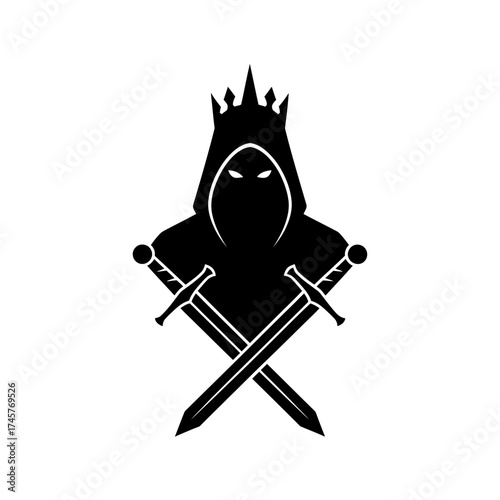 Vector art of silhouette of a hooded figure with a crown and crossed swords