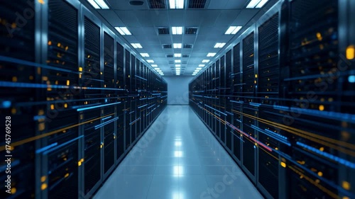 the corridor in the data center. Server racks are located along both sides of the corridor. The server racks look dark and shiny, with small orange indicators. Horizontal bands of blue light are visib