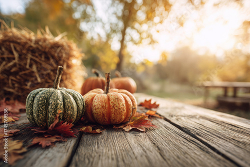 Autumn pumpkins on a rustic wooden table fall leaves and hay bale seasonal harvest background