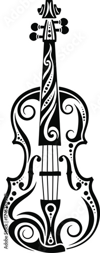 Black and white violin illustration, ornamental musical instrument design, tribal style artwork, intricate patterns, decorative vector art for classical music themed projects