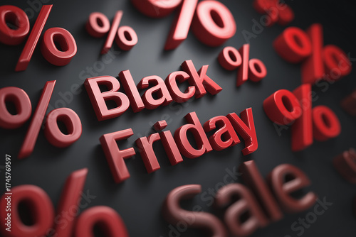 Promotional black Friday decorations with red percentage signs in a festive atmosphere for holiday shopping excitement