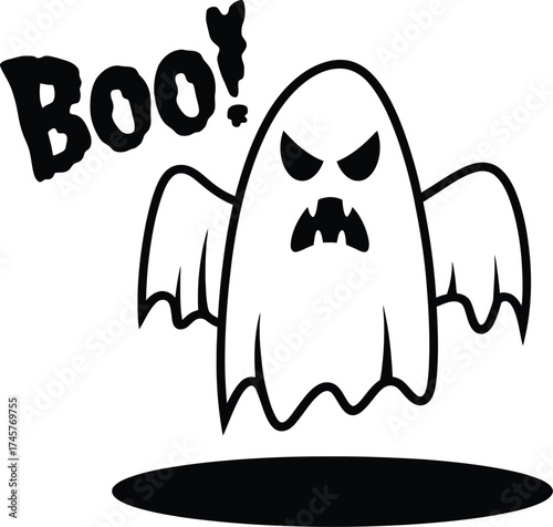 Spooky black ghost with boo text halloween design on transparent background silhouette
