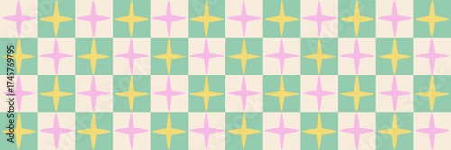 Y2K-style seamless background with pink and yellow star. A retro green checkerboard pattern with a groovy vibe, perfect for graphic design projects and textures.
