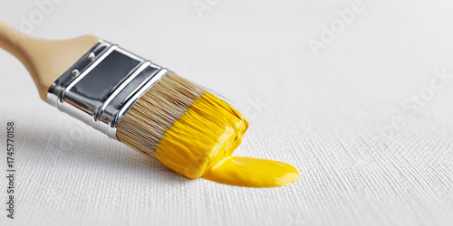 Brushstroke Brilliance: A close-up view showcasing a paint brush dripping vibrant yellow paint onto a textured surface, embodying artistic creativity and home improvement.