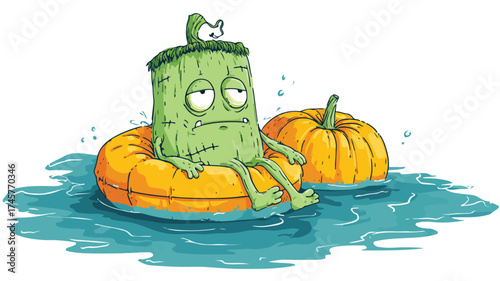 Spooky Halloween Pool Float with Green Frankenstein Pumpkin Character Illustration