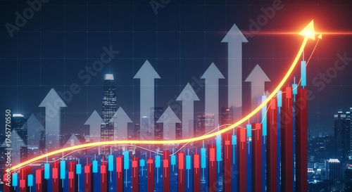 Financial Growth Chart with Exponential Curve and Up Arrows Over City Skyline
