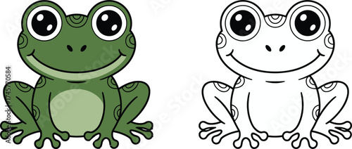Cute cartoon frog illustration, green and black‑and‑white versions, perfect for coloring books, children’s art projects, stock image
