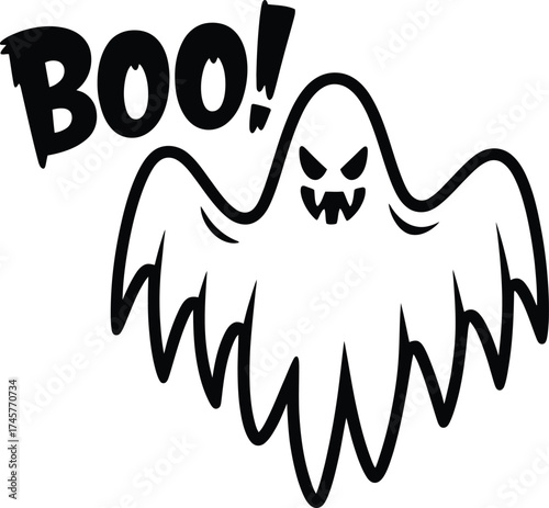 Spooky black boo ghost illustration with playful curves on transparent background silhouette
