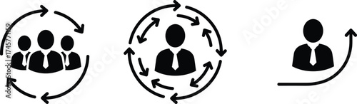Business networking icons – group collaboration, individual leadership, growth concept, teamwork arrows, professional development, corporate connection, career progression symbols