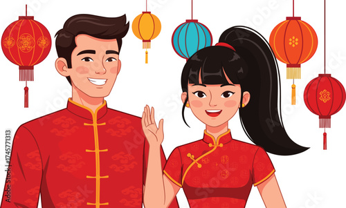 Chinese traditional couple illustration, cultural attire artwork, festive lantern celebration, Lunar New Year concept, lifestyle joy, heritage, festival, happiness, tradition