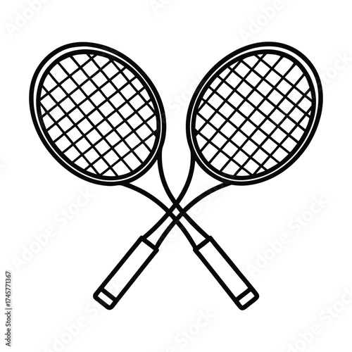 Two crossed tennis rackets in a simple black and white line drawing illustration on a white background