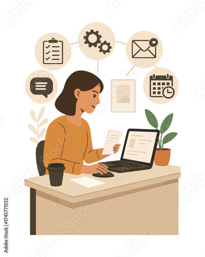 Female Office Worker Using Laptop Illustration