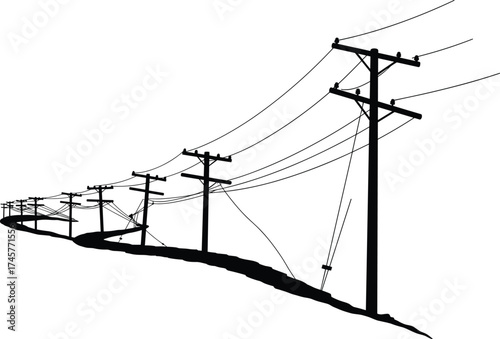 Silhouette utility poles, sloped terrain, leaning pole with support cable, power line network, rural electricity grid, voltage distribution, black outline, industrial skyline