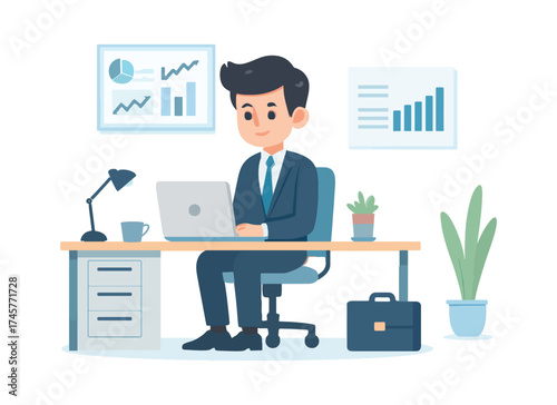 Businessman Working at Office Desk Illustration