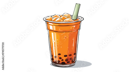 Refreshing Orange Bubble Tea Drink in Plastic Cup Vector Illustration