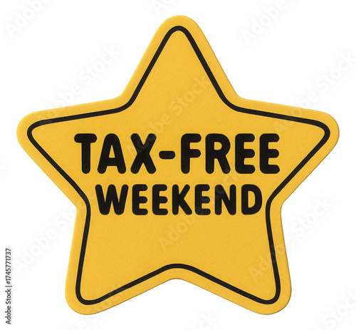 Yellow star sticker with TAX-FREE WEEKEND promo in bold font, attractive retail discount offer on transparent background.