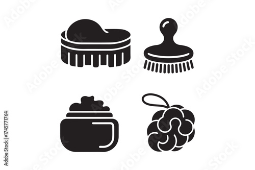 Set of four black silhouette icons for bath and body care products
