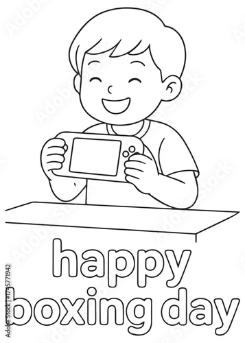 coloring book boy smiling while holding tablet on boxing day