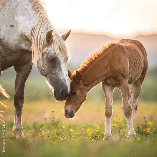 A light gray horse and its reddish-brown foal gently nuzzle.  Golden hour light bathes a field of wildflowers