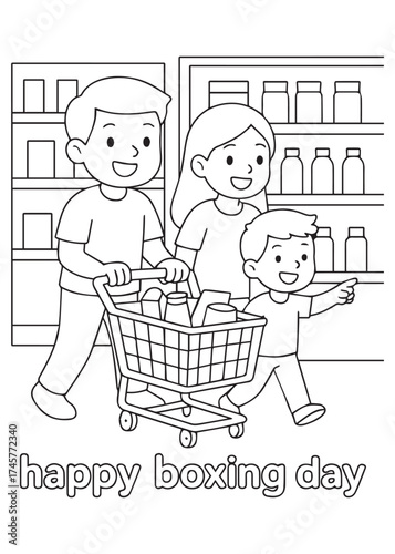 coloring book family shopping with trolley full of goods on boxing day