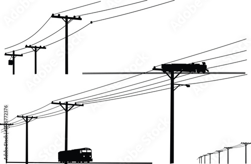 Silhouette utility poles, trains and trams, power line network, transportation infrastructure, electricity distribution, urban design, black outline, energy grid, rail system