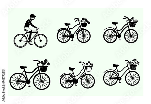  bicycle vector illustration, elegant vintage style with basket and flowers, flat minimal design.