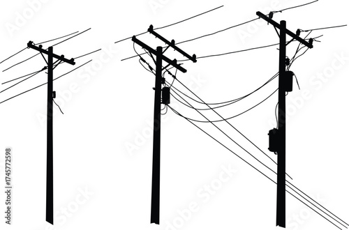 Silhouette utility poles, transformers and insulators, power line network, electricity distribution, urban infrastructure, voltage grid, overhead wires, black outline, energy system