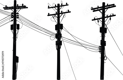 Silhouette utility poles, transformers and insulators, power line network, electricity distribution, urban infrastructure, voltage grid, overhead wires, black outline, energy system