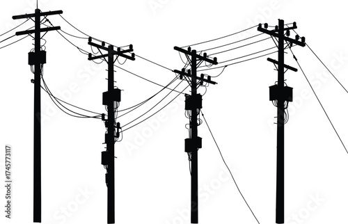 Silhouette utility poles, transformers and insulators, power line network, electricity distribution, urban 