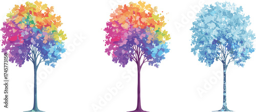 Colorful rainbow tree illustration, abstract nature design, vibrant digital artwork, fantasy seasonal background, modern decorative plant art, bright creative landscape element