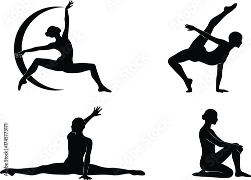 Dance silhouette poses, gymnastics flexibility strength, artistic movement, black white design, vector illustration, graceful athletic performance art