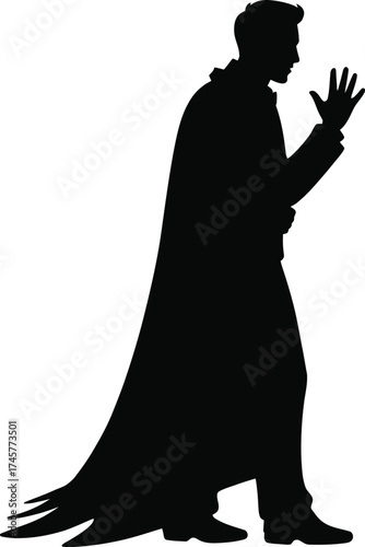 A man in a long coat waving dramatic pose on transparent background silhouette