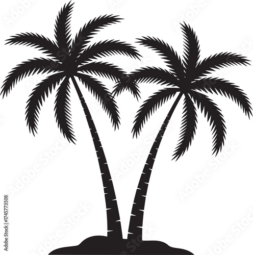 Black Silhouette of Two Palm Trees on Tropical Island.