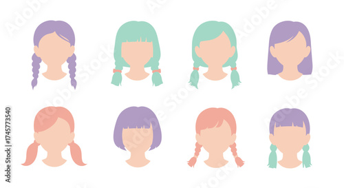Stylized hair designs showing various cuts and colors for women s fashion