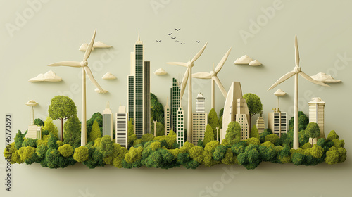 A futuristic city powered entirely by renewable energy with towering wind turbines. Eco-friendly concept, harmony with nature.	
