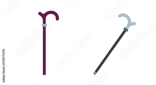 Two walking sticks one maroon and one silver shown in a flat design