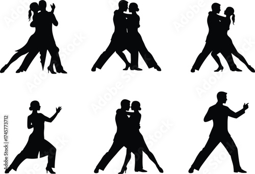 Dance silhouette, ballroom dancers, Latin dance poses, tango, salsa, expressive movement, couple dancing, solo dancer, performance art, rhythm, elegance, choreography