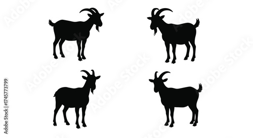 Four black silhouettes of goats standing in a simple arrangement