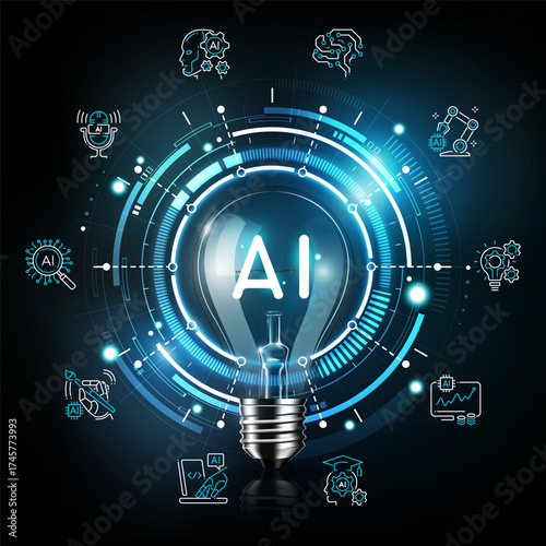 AI Light Bulb Surrounded by Futuristic Icons Representing Artificial Intelligence Innovation and Technology