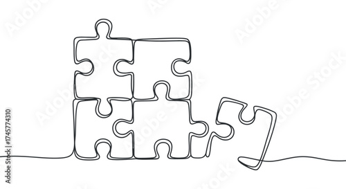 Continuous Line Drawing Jigsaw Puzzle Pieces Assemble Solution Concept Design Vector