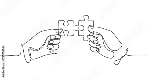 One Line Art Drawing Hands Connecting Puzzle Pieces Collaboration Teamwork Unity
