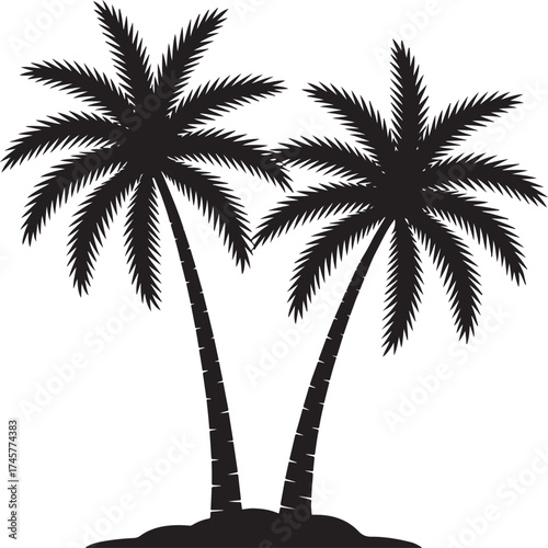 Black Silhouette of Two Palm Trees on Tropical Island.