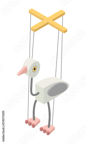 Seagull string puppet - hand drawn isometric vector illustration.