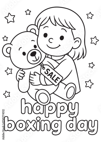 coloring book girl hugging teddy bear with sale tag on boxing day