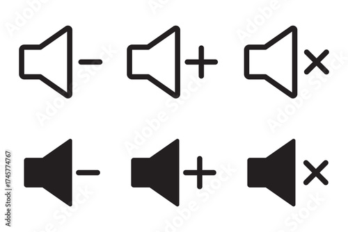Vector black sound flat icons set. A set of speaker volume icons in solid and outline styles, showing sound on and sound off variations. Audio Speaker Volume Icons. EPS 10. 