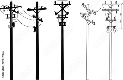 Utility pole technical drawings, silhouette and blueprint views, crossarms and insulators, power line network, electricity distribution, engineering design, infrastructure illustration