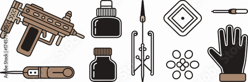Vector icons of tattoo equipment with machine, ink, and stencil – Perfect for tattoo studio design, creative industry, or art education