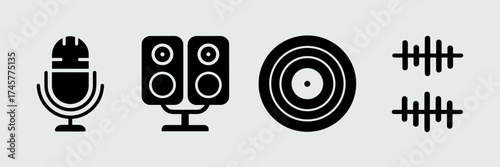 Modern vector icon set for music producers with microphone, speakers, vinyl, and bass and treble icons – Suitable for studio branding, podcast visuals, or music technology content