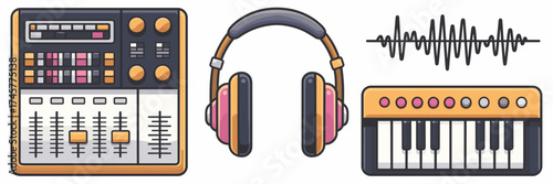 Modern vector icon set of music tools with mixing console, headphones, waveform, and synthesizer – Suitable for digital art, music production, or sound design content