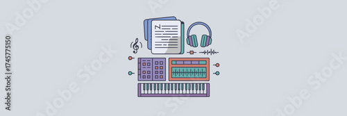 Vector illustration of music tools arranged in circular layout with mixing console, headphones, waveform, and synthesizer – Great for studio branding, music education, or creative layouts